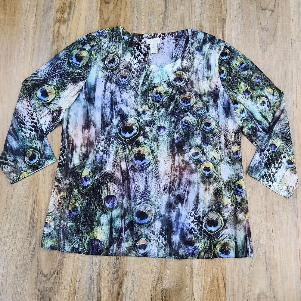 🔹️Chico's Peacock Feather Spots Glimmer Tuliana 3/4 Sleeve Top Small